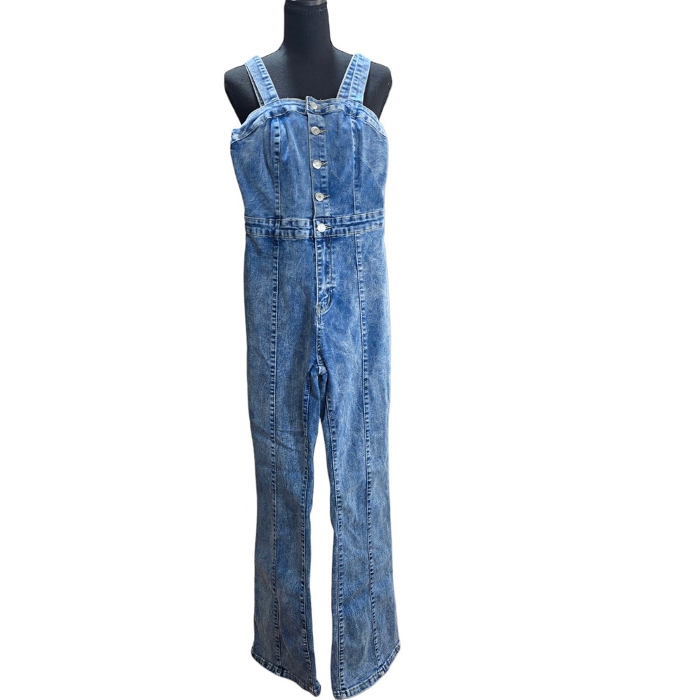 Shein Jumpsuit Women XS 2 Blue Cotton Blend Acid Wash Flare Leg Button Y2K Boho